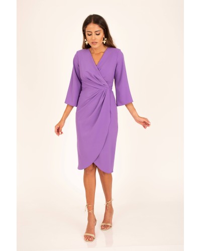 VESTIDO LISO CRUZADO PLIEGUES MANGA LARG