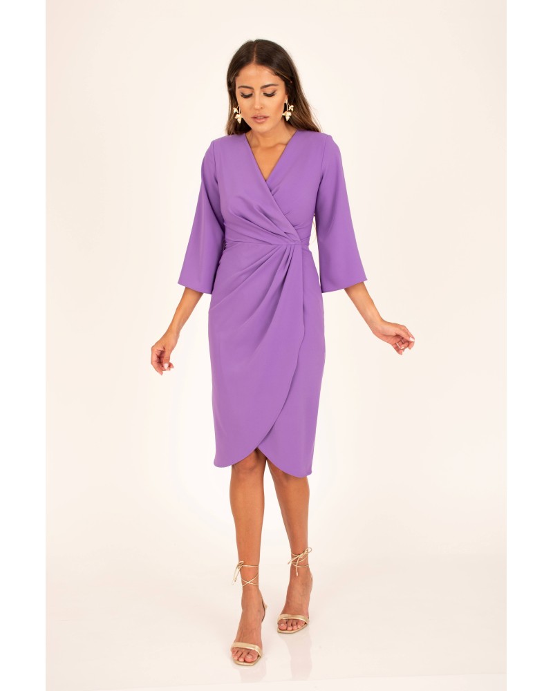 VESTIDO LISO CRUZADO PLIEGUES MANGA LARG
