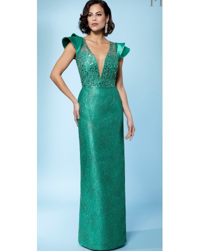 VESTIDO LARGO  CON SOBREFALDA PEDRERIA