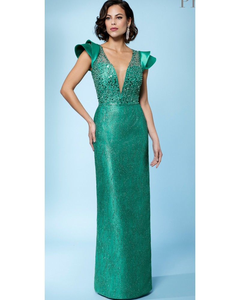 VESTIDO LARGO  CON SOBREFALDA PEDRERIA