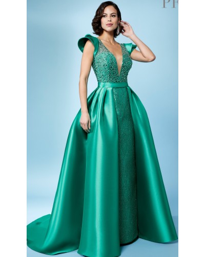 VESTIDO LARGO  CON SOBREFALDA PEDRERIA